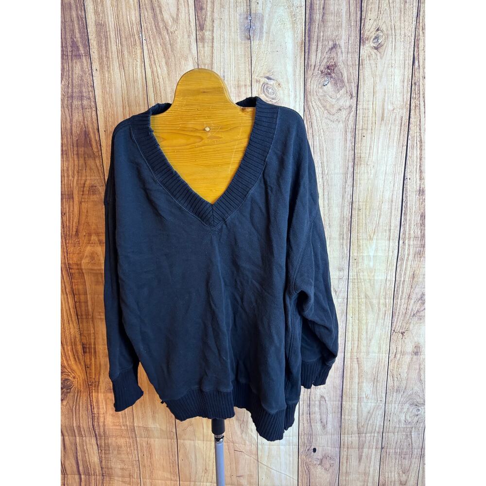 Aerie Oversized V Neck Distressed Black Sweatshirt Women's Size S